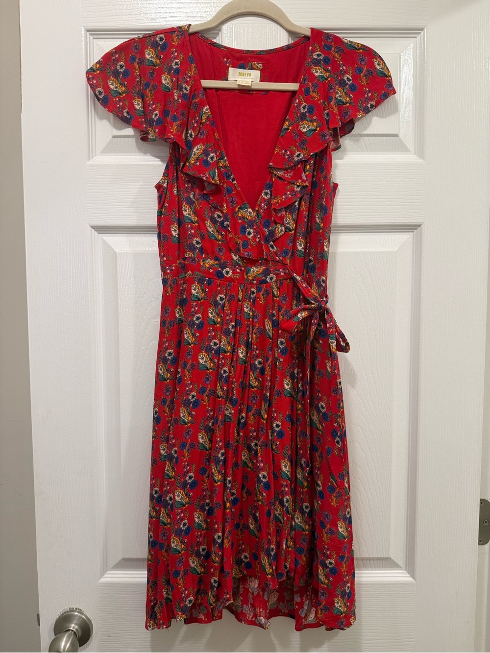 Anthropologie Red Floral Wrap Dress with Ruffle Sleeves